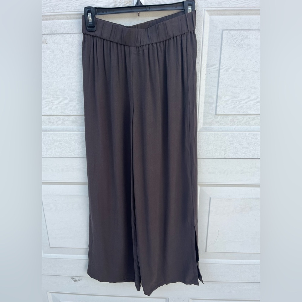 Eileen Fisher Silk Georgette Crepe Pants Graphite brown Wide Ankle Slit Sz PP